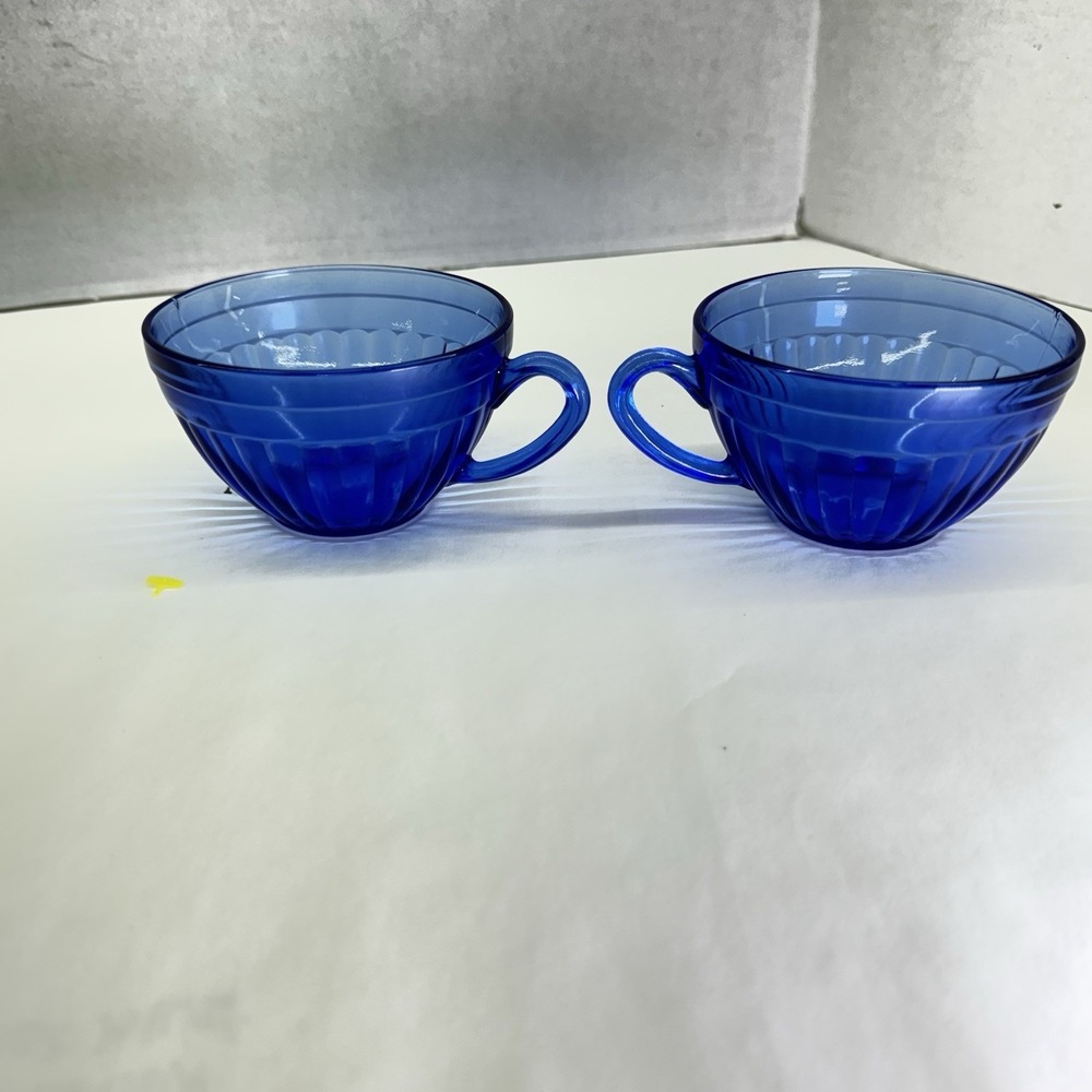 HAZEL-ATLAS Aurora Cobalt Blue Cups Set Of Two Ribs‎ Depression Glass